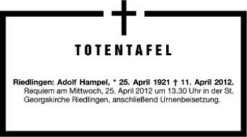 Anzeige von Adolf Hampel von Schwäbische Zeitung