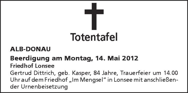  Traueranzeige für 6359326901  vom 11.05.2012 aus Schwäbische Zeitung