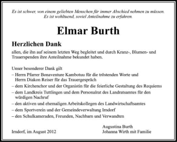 Anzeige von Elmar Burth von Schwäbische Zeitung