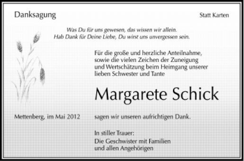 Anzeige von Margarete Schick von Schwäbische Zeitung