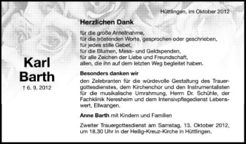 Anzeige von Karl Barth von Schwäbische Zeitung