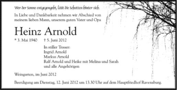 Anzeige von Heinz Arnold von Schwäbische Zeitung