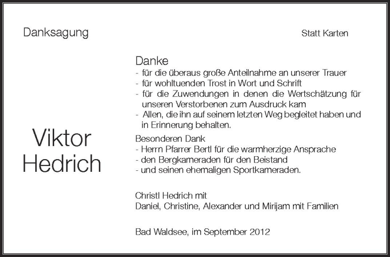  Traueranzeige für Viktor Hedrich vom 22.09.2012 aus Schwäbische Zeitung