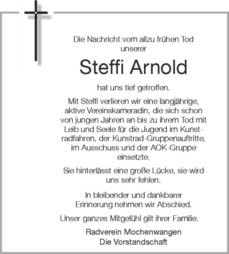  Traueranzeige für Steffi Arnold vom 17.08.2012 aus Schwäbische Zeitung