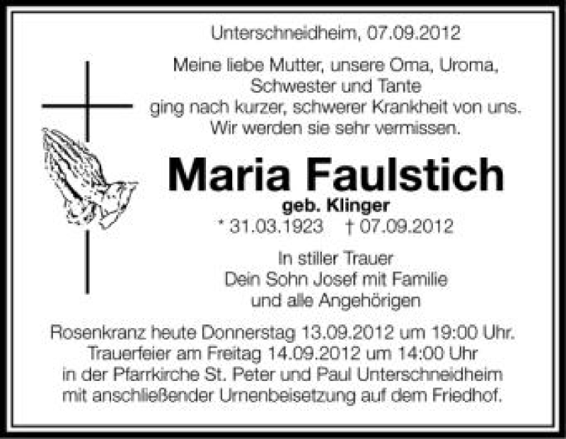  Traueranzeige für Maria Faulstich vom 13.09.2012 aus Schwäbische Zeitung