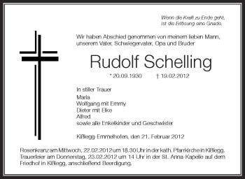 Anzeige von Rudolf Schelling von Schwäbische Zeitung