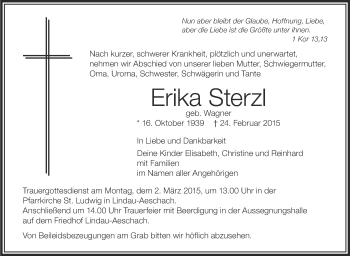 Anzeige von Erika Sterzl von Schwäbische Zeitung