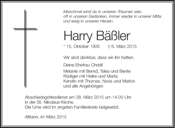 Anzeige von Harry Bäßler von Schwäbische Zeitung