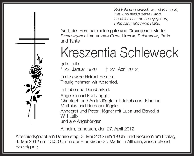  Traueranzeige für Kreszentina Schleweck vom 02.05.2012 aus Schwäbische Zeitung