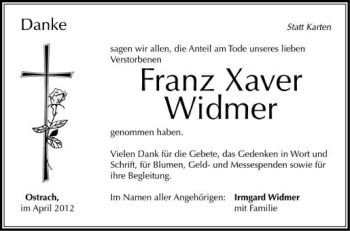 Anzeige von Franz Xaver Widmer von Schwäbische Zeitung