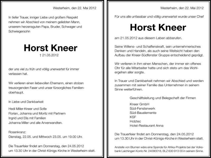  Traueranzeige für Horst Kneer vom 22.05.2012 aus Schwäbische Zeitung