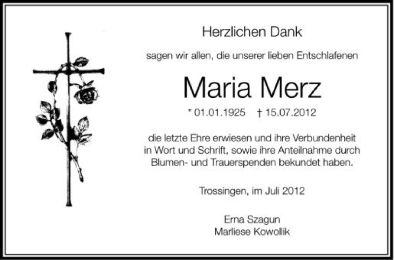  Traueranzeige für Maria Merz vom 28.07.2012 aus Schwäbische Zeitung