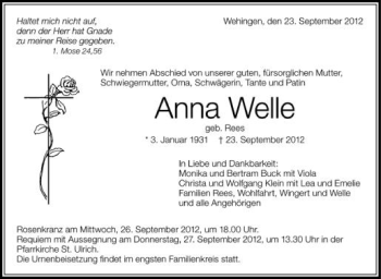 Anzeige von Anna Welle von Schwäbische Zeitung
