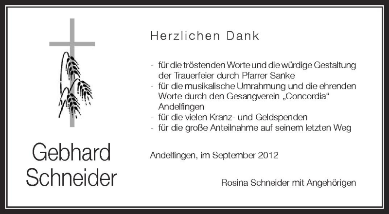  Traueranzeige für Gebhard Schneider vom 29.09.2012 aus Schwäbische Zeitung