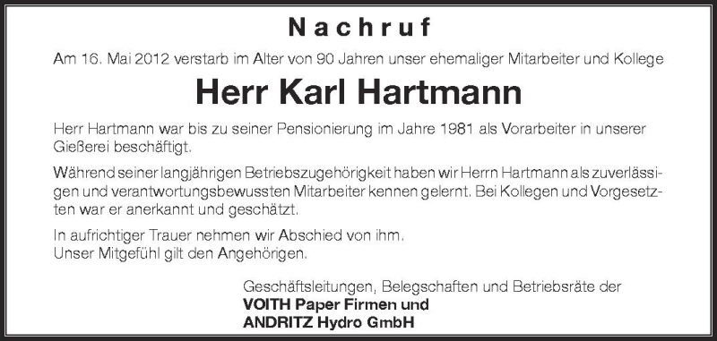  Traueranzeige für Karl Hartmann vom 22.05.2012 aus Schwäbische Zeitung