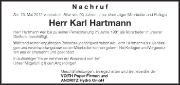 Anzeige von Karl Hartmann von Schwäbische Zeitung