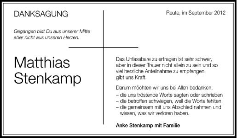  Traueranzeige für Matthias Stenkamp vom 07.09.2012 aus Schwäbische Zeitung
