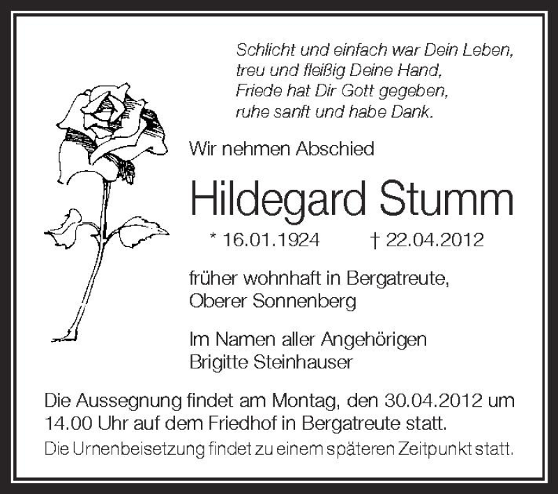  Traueranzeige für Hildegard Stumm vom 27.04.2012 aus Schwäbische Zeitung