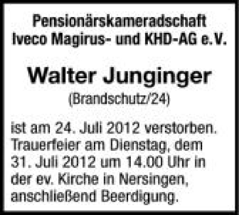  Traueranzeige für Walter Junginger vom 26.07.2012 aus Schwäbische Zeitung