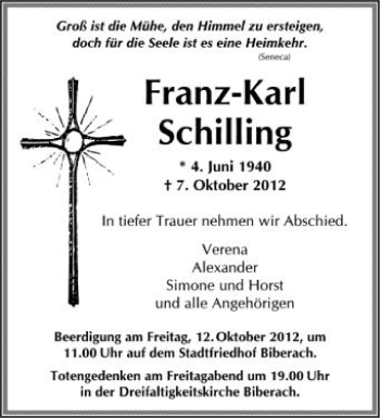 Anzeige von Franz-Karl Schilling von Schwäbische Zeitung