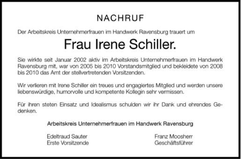  Traueranzeige für Irene Schiller vom 02.08.2012 aus Schwäbische Zeitung