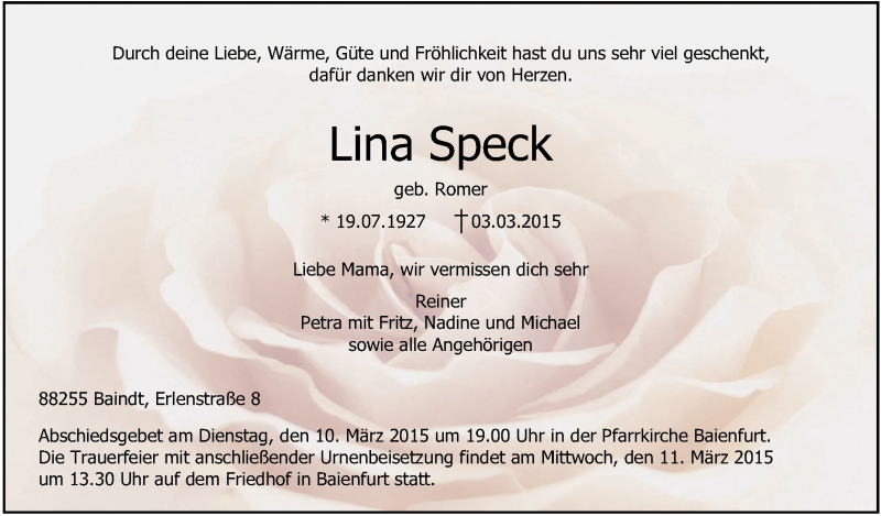  Traueranzeige für Lina Speck vom 14.03.2015 aus Schwäbische Zeitung
