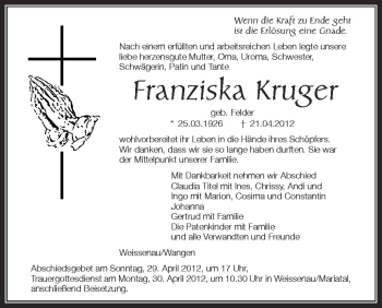 Anzeige von Franziska Kruger von Schwäbische Zeitung