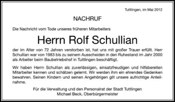 Anzeige von Rolf Schulian von Schwäbische Zeitung