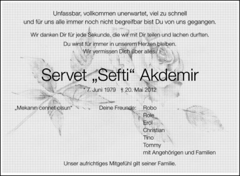  Traueranzeige für Servet Akdemir vom 24.05.2012 aus Schwäbische Zeitung