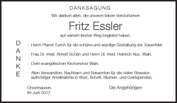 Anzeige von Fritz Essler von Schwäbische Zeitung
