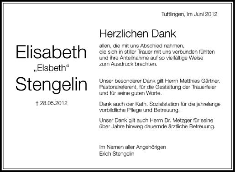  Traueranzeige für Elisabeth Stengelin vom 19.06.2012 aus Schwäbische Zeitung
