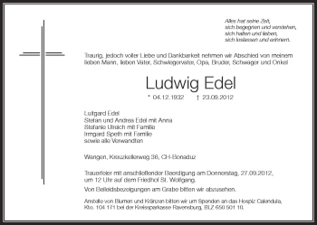 Anzeige von Ludwig Edel von Schwäbische Zeitung