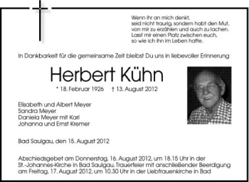 Anzeige von Herbert Kühn von Schwäbische Zeitung