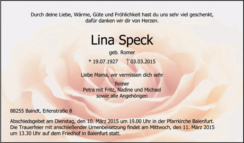  Traueranzeige für Lina Speck vom 09.03.2015 aus Schwäbische Zeitung