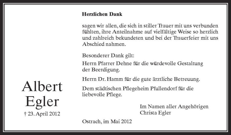  Traueranzeige für Albert Egler vom 14.05.2012 aus Schwäbische Zeitung