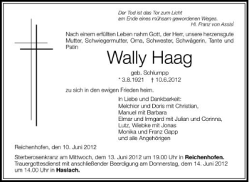 Anzeige von Wally Haag von Schwäbische Zeitung