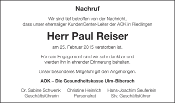 Anzeige von Paul Reiser von Schwäbische Zeitung