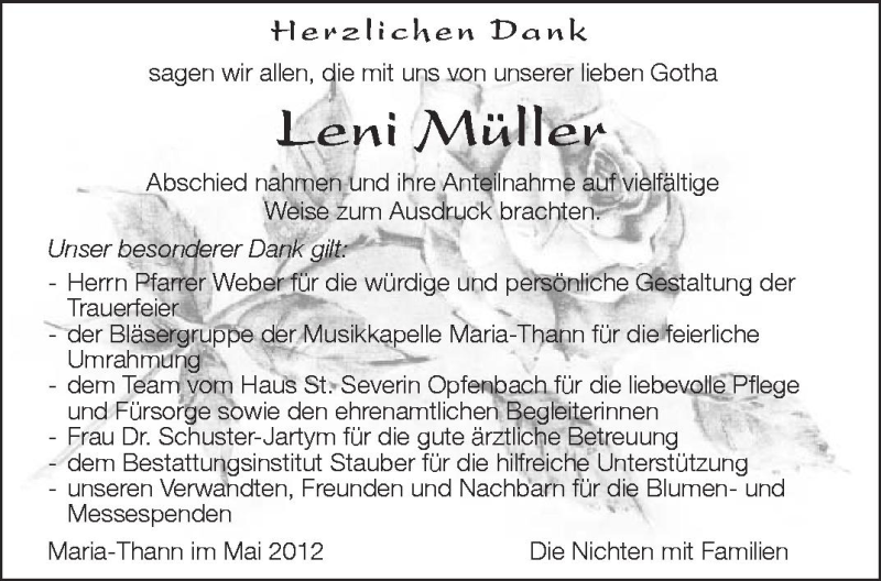 Traueranzeige für Leni Müller vom 19.05.2012 aus Schwäbische Zeitung
