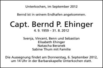 Anzeige von Bernd P. Ehinger von Schwäbische Zeitung