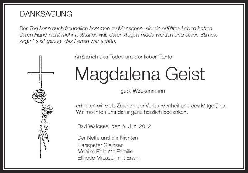  Traueranzeige für Magdalena Geist vom 06.06.2012 aus Schwäbische Zeitung