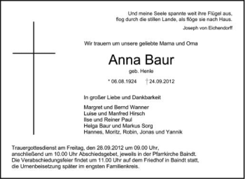 Anzeige von Anna Baur von Schwäbische Zeitung