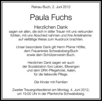 Anzeige von Paula Fuchs von Schwäbische Zeitung