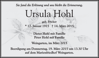 Anzeige von Ursula Hohl von Schwäbische Zeitung