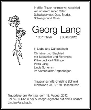 Anzeige von Georg Lang von Schwäbische Zeitung