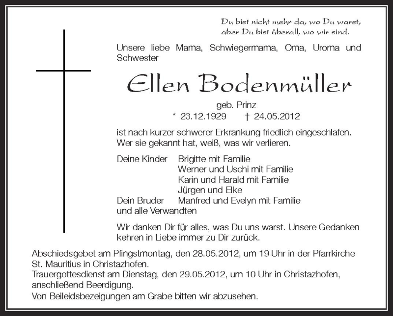  Traueranzeige für Ellen Bodenmüller vom 26.05.2012 aus Schwäbische Zeitung