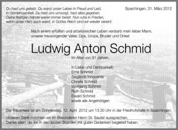 Anzeige von Ludwig Anton Schmid von Schwäbische Zeitung