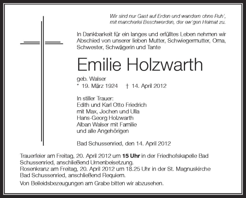  Traueranzeige für Emilie Holzwarth vom 17.04.2012 aus Schwäbische Zeitung