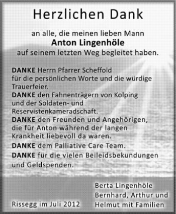 Anzeige von Anton Lingenhöle von Schwäbische Zeitung