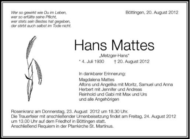  Traueranzeige für Hans Mattes vom 22.08.2012 aus Schwäbische Zeitung