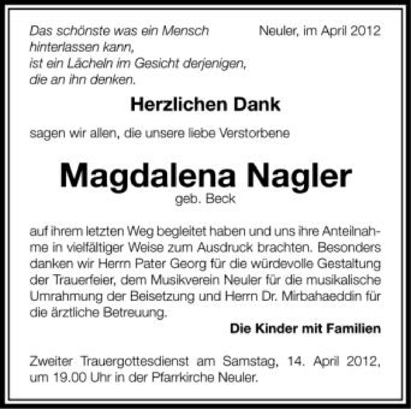  Traueranzeige für Magdalena Nagler vom 13.04.2012 aus Schwäbische Zeitung